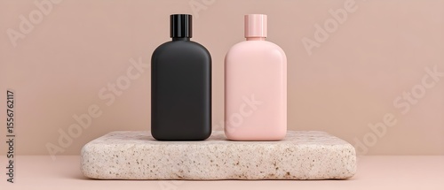 Minimalist shampoo and conditioner bottles on textured surface