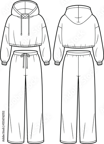 Women's Cropped Hoodie Sweatshirt and Wide Leg Sweatpants Tracksuit Technical Fashion Flat Sketch Template Vector Illustration