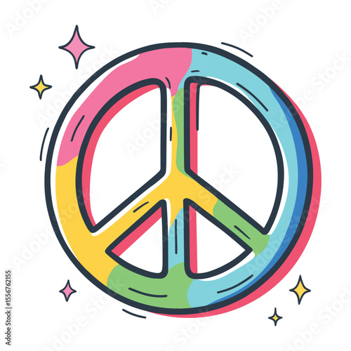 Hand draw colorful peace symbol with retro hippie style and rainbow doodle design