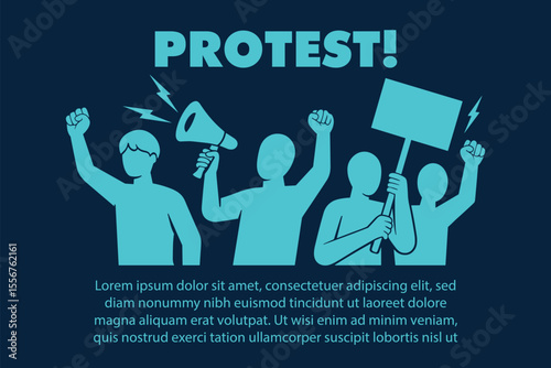 Protest vector illustration with people holding signs, raising fists, and using megaphone in a flat modern style