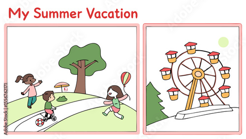 Illustration showing children playing in a park and a ferris wheel scene during a summer vacation time