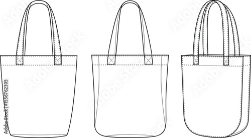 Set of Blank Tote Bags Technical Fashion Flat Sketch Template, Various Styles Shopping Carryall Vector Mockup Illustration Design