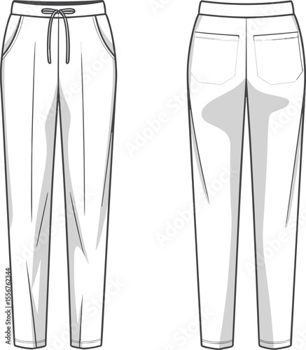Women's Elastic Waist Trousers Technical Fashion Flat Sketch Template, Drawstring Casual Pants Design Vector Apparel Illustration