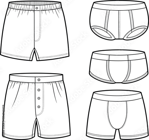 Men's Underwear Collection, Boxers Briefs Trunks Fashion Flat Technical Sketch Template, Diverse Male Undergarment Design Vector Illustration