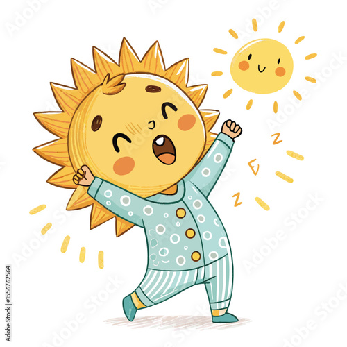 A cute baby sun wearing pajamas, stretching its rays, waking up a small island.