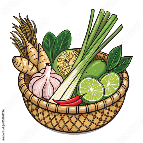 Woven basket filled with vibrant Thai culinary herbs lemongrass, galangal, kaffir lime leaves, and chilies.