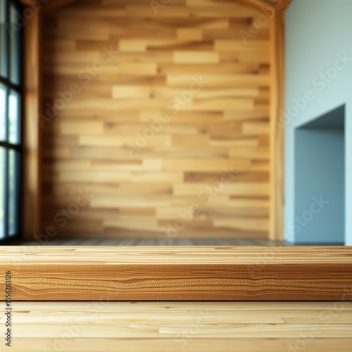 Wooden table with blurred wall background, for display or montage your products. mockup for display of product. Empty room interior design. Ultra realistic. Photorealistic 