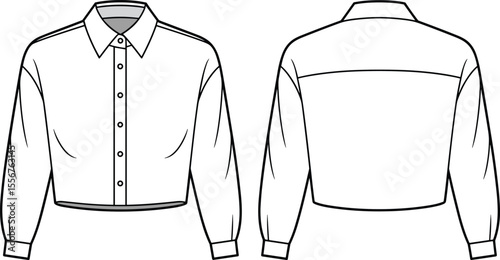 Front and back view technical sketch of cropped shirt with collar and buttons, vector template, fashion cad for designers