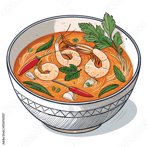 Steaming bowl of Tom Yum soup, vibrant herbs, plump shrimp floating, delicious Thai cuisine presentation.