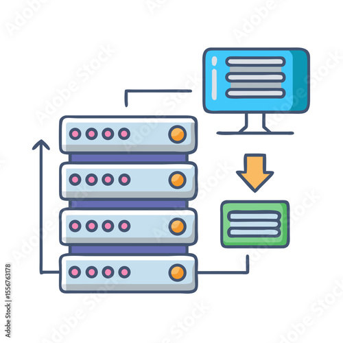 Data center with computer screen shows information transfer process