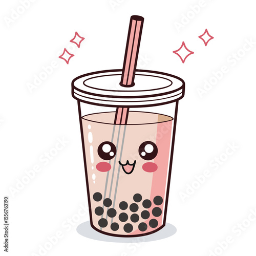 Bubble tea cup with blushing cheeks, kawaii face, and straw arm holding boba pearls.