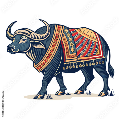 Buffalo adorned with Thai fabric, intricate patterns, vibrant colors, rural Thailand, Southeast Asia.