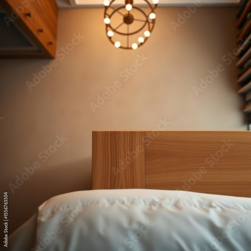 A top-down view of a nightstand in a hotel room with a cozy, blurred background, providing an empty wooden surface for product display and customization in a flawless, generative setting. Empty room i