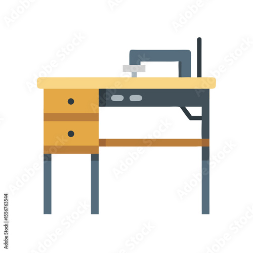 Stylized vintage sewing machine on table with drawer stock