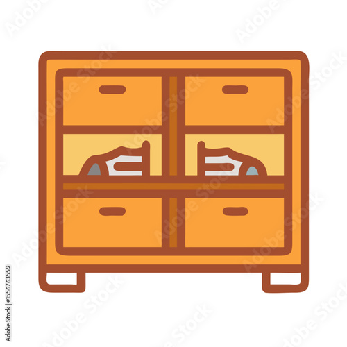 Flat illustration of wooden cabinet with shoes visible inside