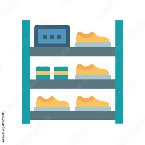 Colorful shoe rack with shoes, containers, and digital display