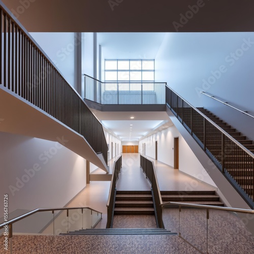 Modern hallway with stairs and metal railings in a bright building, featuring geometric lines and a long corridor leading to multiple doors. Empty room interior design. Ultra realistic. Photorealistic