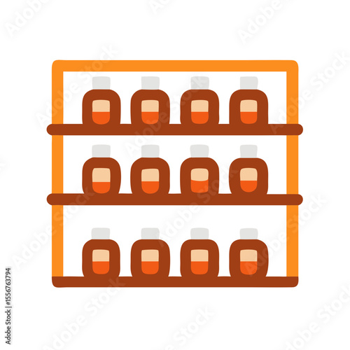 Stylized shelves holding brown containers against a White Background