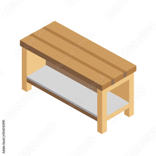 Isometric wooden bench with shelf on a White Background