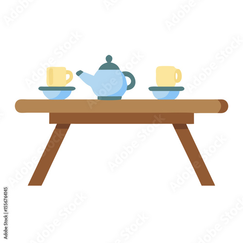 Simple illustration of tea setting on a wooden table
