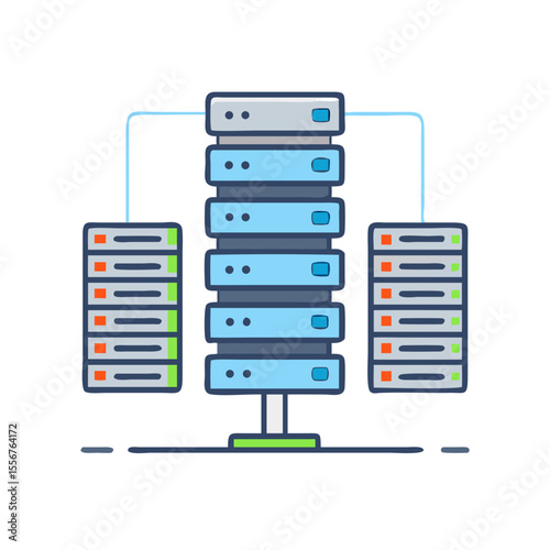 Illustration of server stack with connected storage on White Background