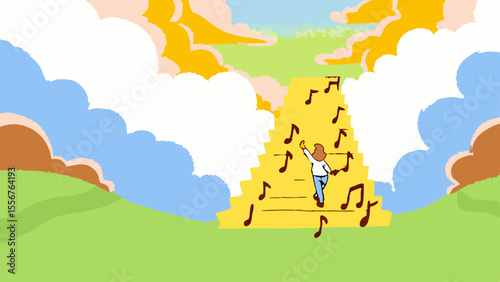 harmonic ascen, vector illustration of people on stairs and ladders, successful business person on the run