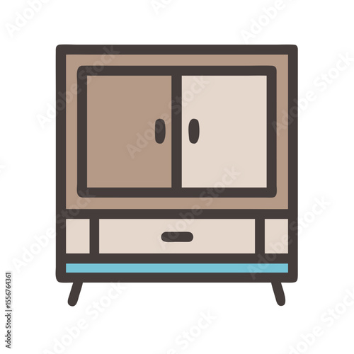 Iconic modern wooden cabinet with sliding doors and drawer