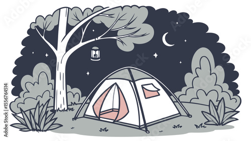 Illustration of a camping scene at night with a tent, trees, bushes, lantern, moon, and stars in the sky