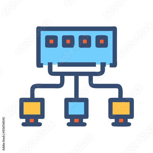 Network server connecting multiple computers schematic vector illustration
