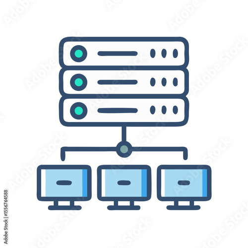 Computer network server connecting to multiple workstations icon illustration