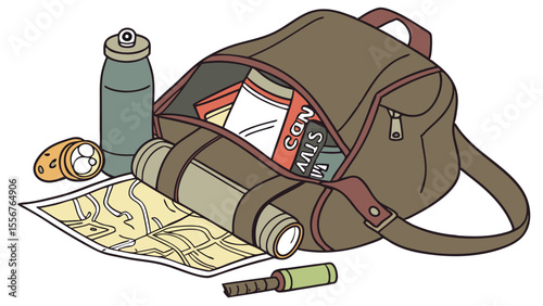 A brown duffel bag is open with a water bottle map telescope and packed items next to it on the surface