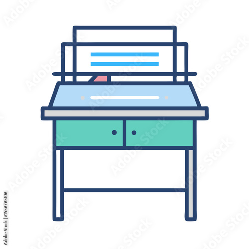 Illustration of a vintage printer machine on a table