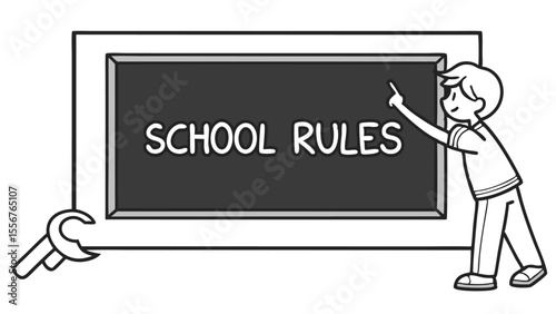 Illustration of a boy pointing at a blackboard with the words school rules and a wrench in black and white