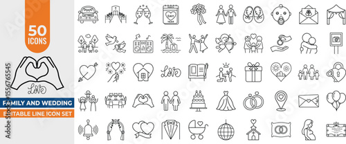 Family & Wedding Vector Icon Collection – Fully Editable Line Art for Ceremonies, Love, Dresses, Rings, and Celebrations. Editable Stroke. Vector illustration