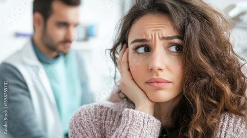 A patient nervously sitting in a dental chair before a smile makeover procedure, with a reassuring dentist beside them.