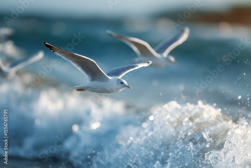 Seagulls flying over ocean waves with soft sunlight glistening on water
