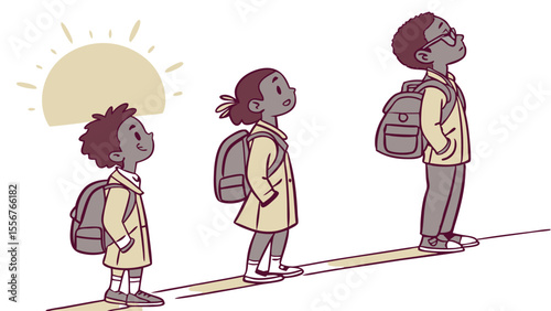 Three students with backpacks looking up at the sun on a bright day with a line on the ground near them