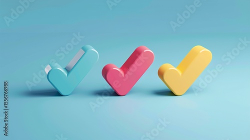 Colorful 3D checkmarks on pastel circles against a blue background, symbolizing success and approval.