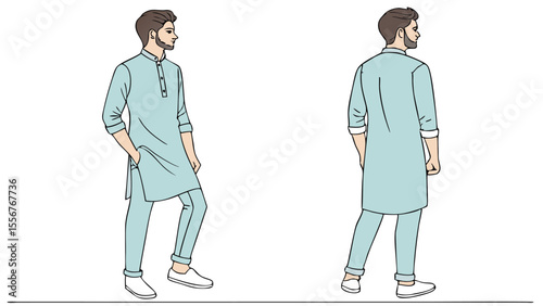 Two views of a man in light blue kurta pajama with hand in pocket and white shoes on a white backdrop