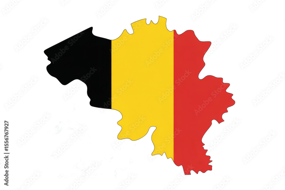 Fototapeta premium A stylized graphic map illustration of Belgium, filled with the national flag's distinct black, yellow, and red vertical colors on white