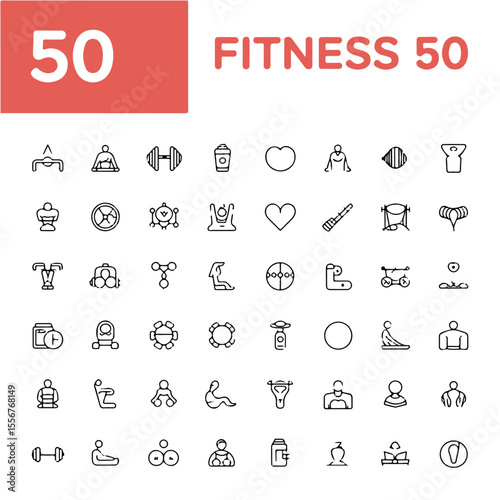 Modern fitness icons set showcasing editable health and wellness elements for various sports and activity-related projects.