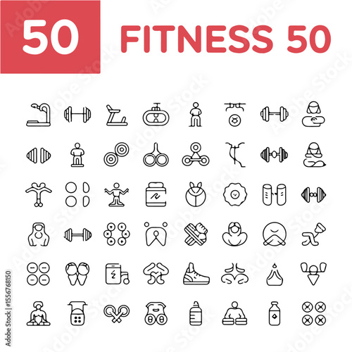 Collection of fifty fitness and wellness outline icons depicting gym equipment and healthy lifestyle activities for modern designs.