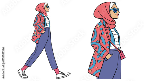 Illustration of a woman wearing a hijab, sunglasses, patterned jacket and walking with confidence style