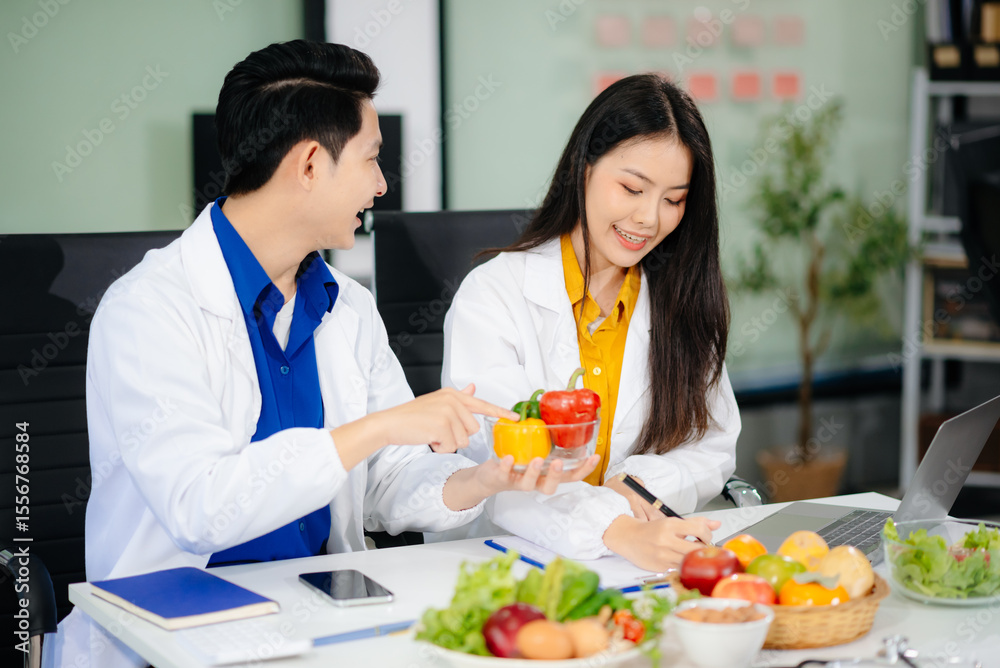 Doctors sharing fresh vegetables, promoting health and nutrition. Ideal for wellness, healthcare, and science themes. Doctors sharing fresh vegetables, promoting health and nutrition. Ideal for wellness, healthcare, and science themes.