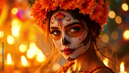 Portrait of Woman with Calavera Face Paint and Flower Crown Celebrating Day of the Dead
