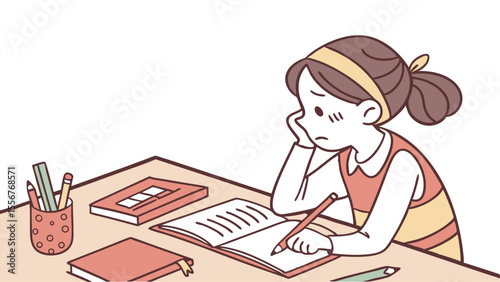 Illustration of a girl with a headband at a desk, looking stressed while writing in a notebook with books