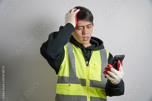 A frustrated Asian man in a high-visibility safety vest and work gloves holds his phone while clutching his head, indicating stress or a workplace issue.