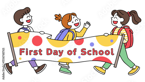 Three happy children holding a first day of school banner with colorful polka dots and wearing backpacks