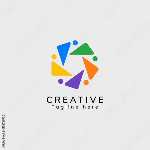 Abstract colorful logo of rotating people in triangle shapes, symbolizing diversity, unity, and collaboration.