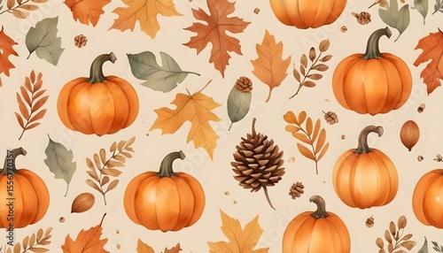 Fototapeta Naklejka Na Ścianę i Meble -  Cozy seamless pattern of pumpkins and fall leaves in watercolor, showcasing warm earth tones for an autumn vibe